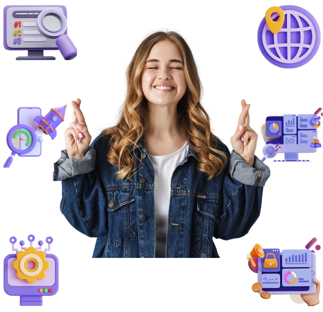 Girl with closing eyes pointing services of Onex Global Hub